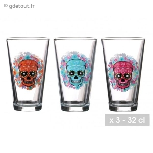 Trio Grands Verres Tête de Mort Mexicaine 32 cL